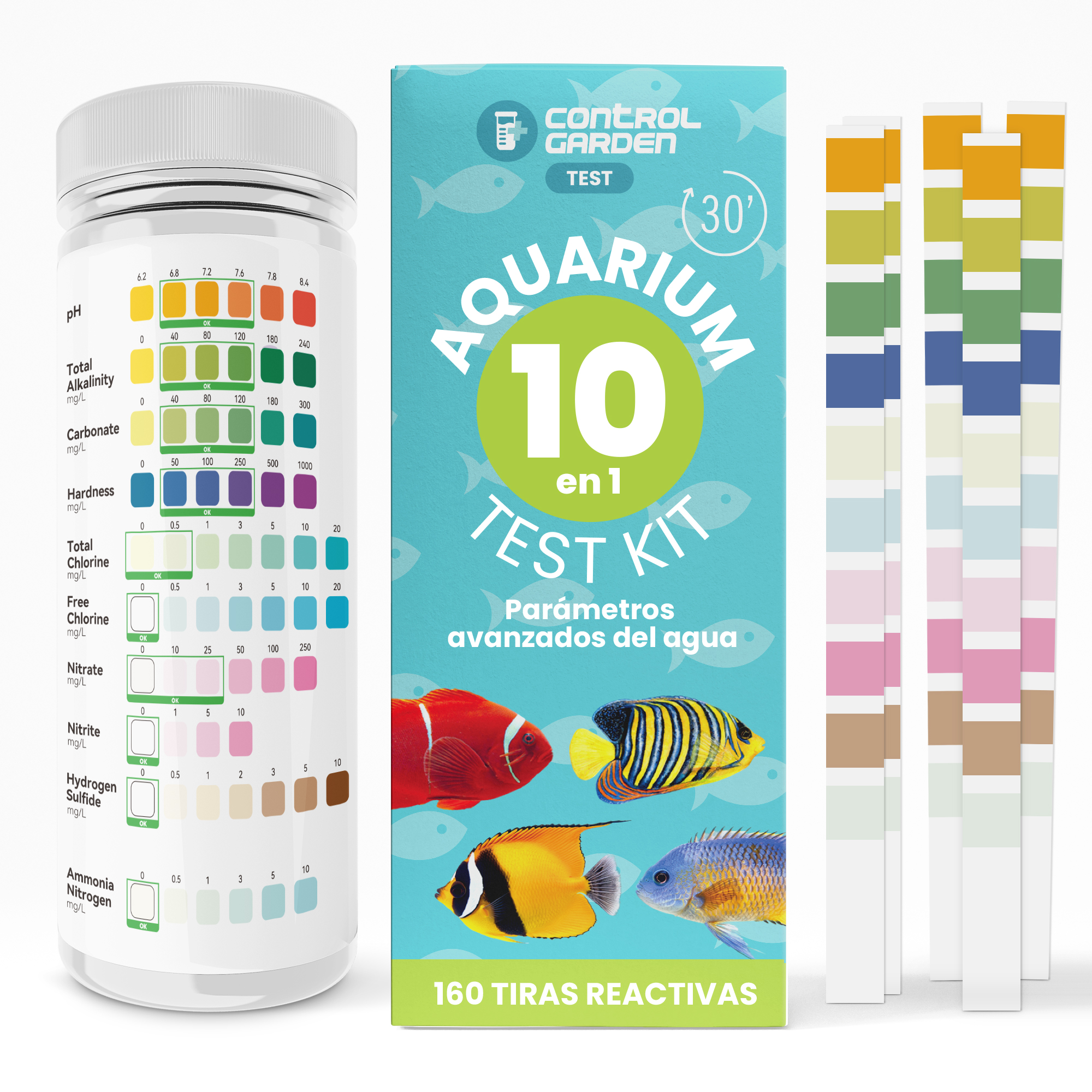 10 in 1 Aquarium Test Strips · Pack of 160 Units · Total Control of pH, Chlorine, Nitrites, and More