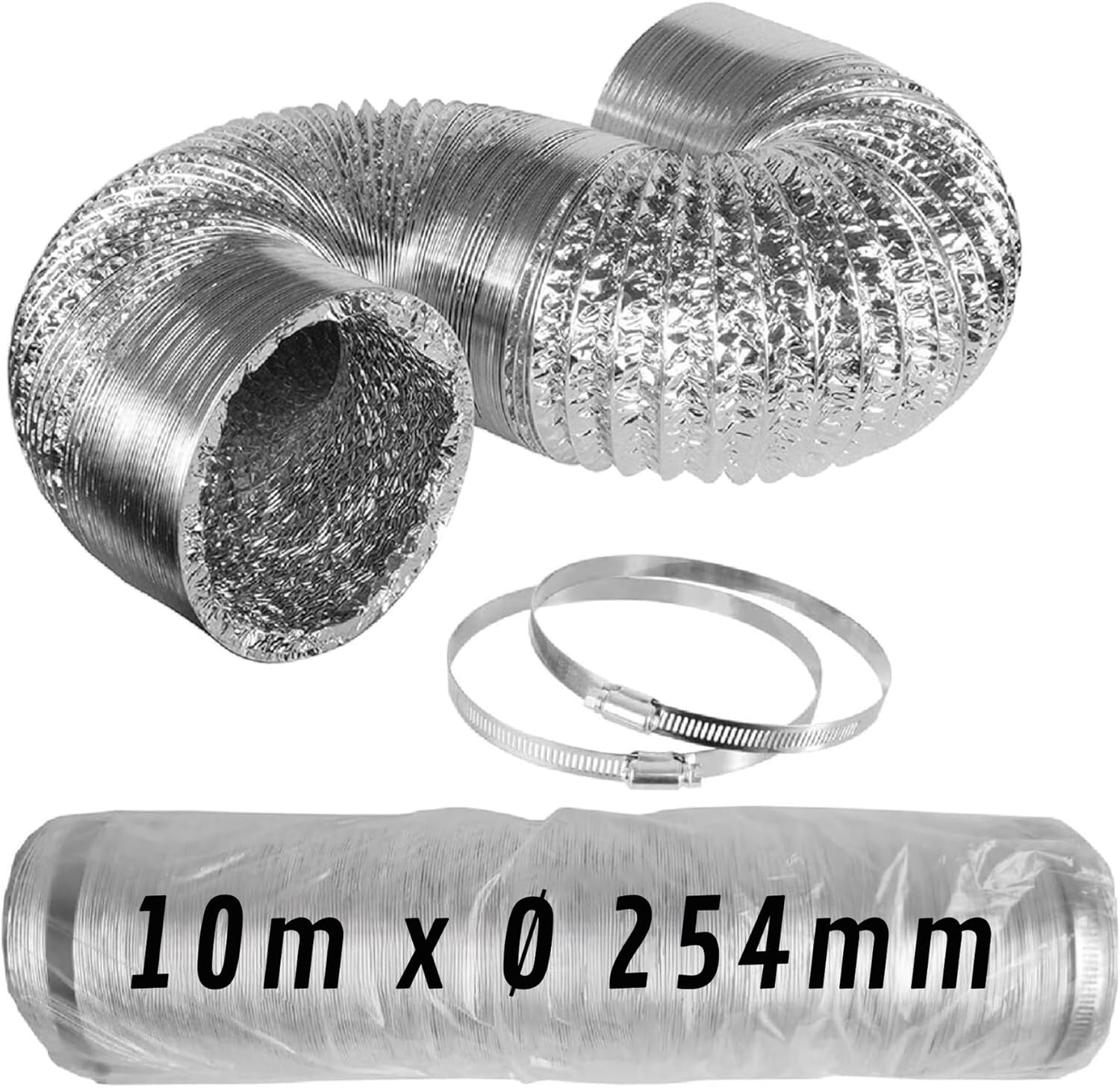 Flexible Aluminum Duct Ø 254 mm x 10 m with Clamps · Pack 1 pc