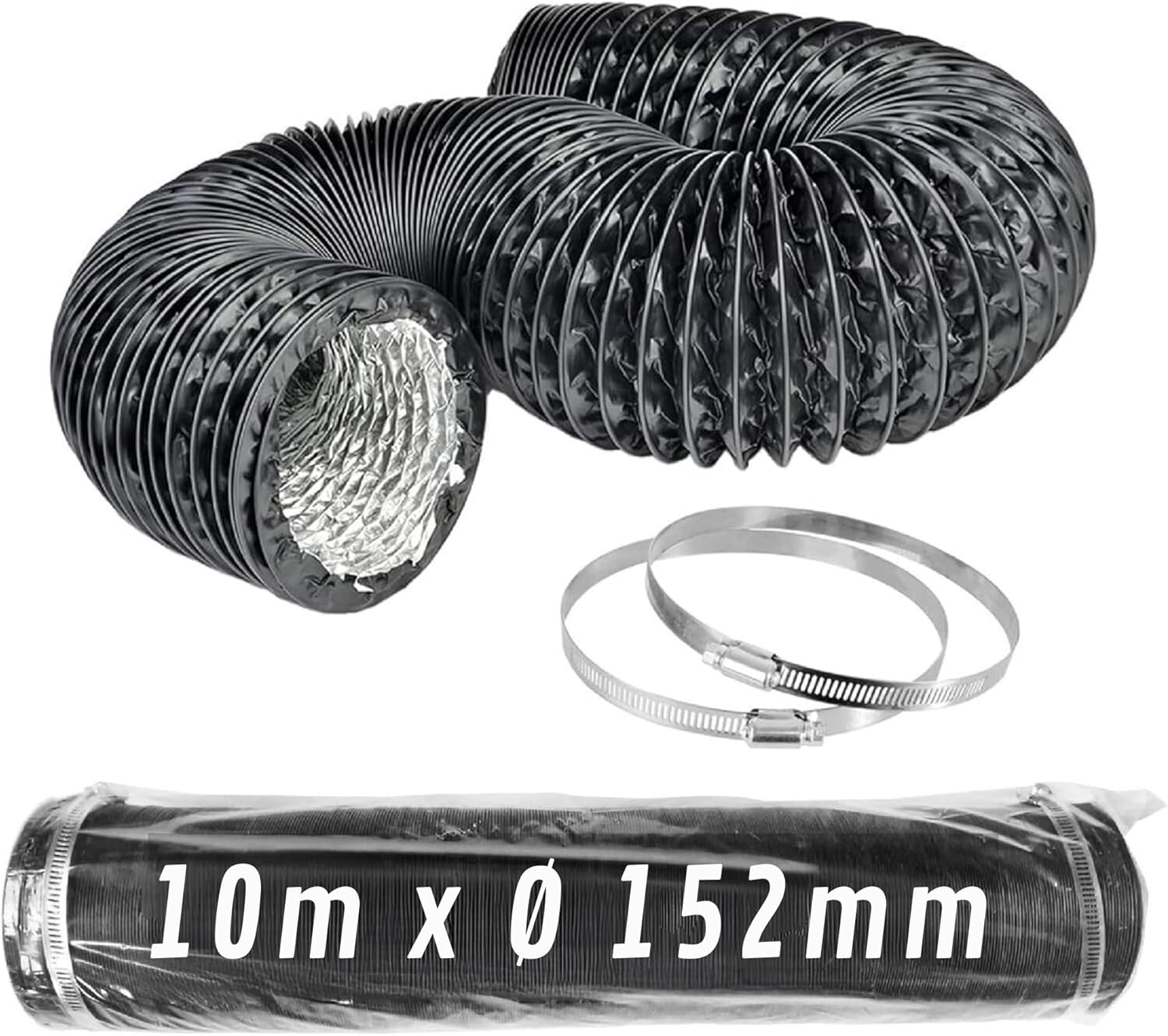 Black Aluminum Flexible Duct Ø 152 mm 10 m with Clamps · Pack 1 pc