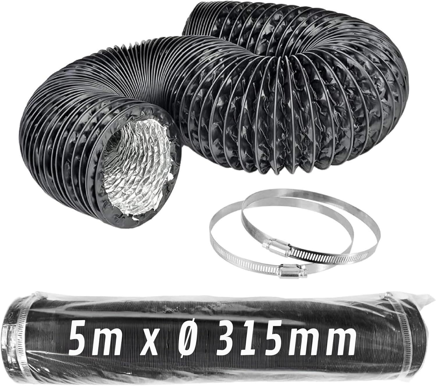Flexible Black Aluminum Duct Ø 315 mm x 5 m with Clamps · Pack 1 pc