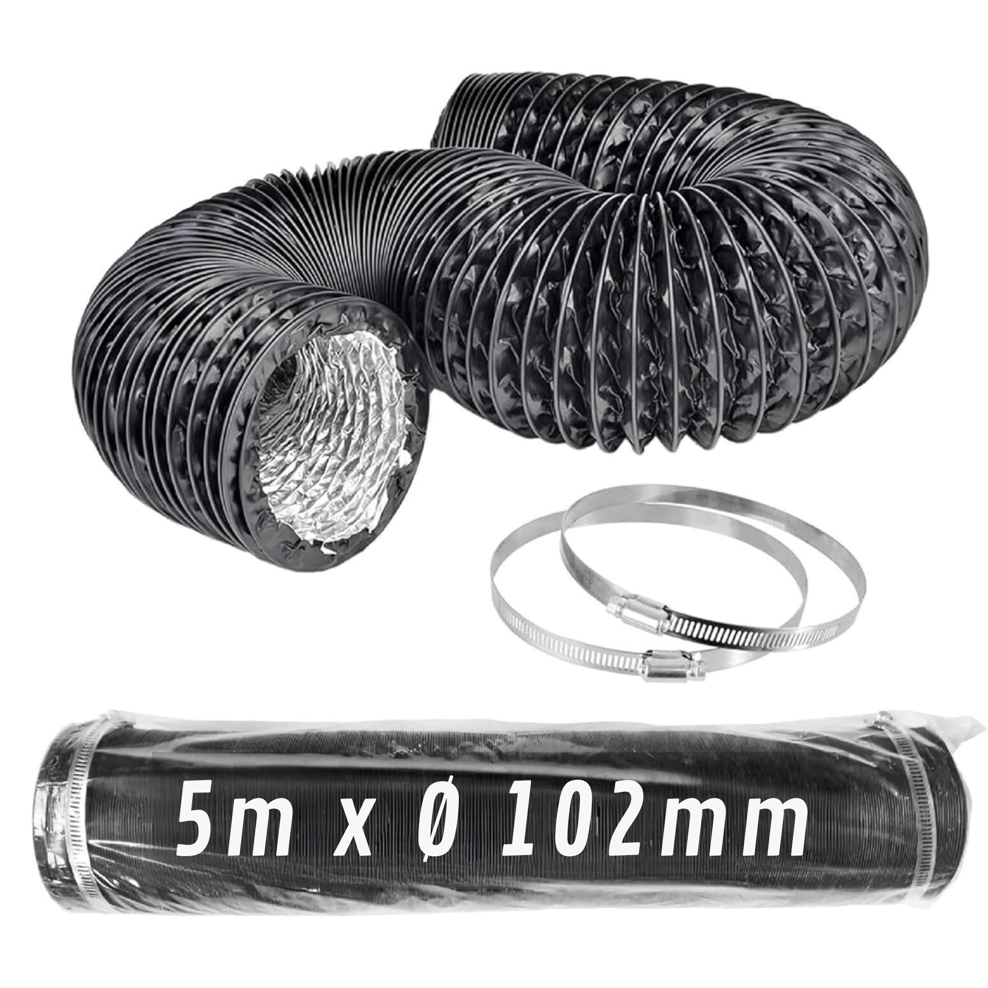 Flexible Black Aluminum Duct Ø 102 mm 5 m with Clamps · Pack 1 unit